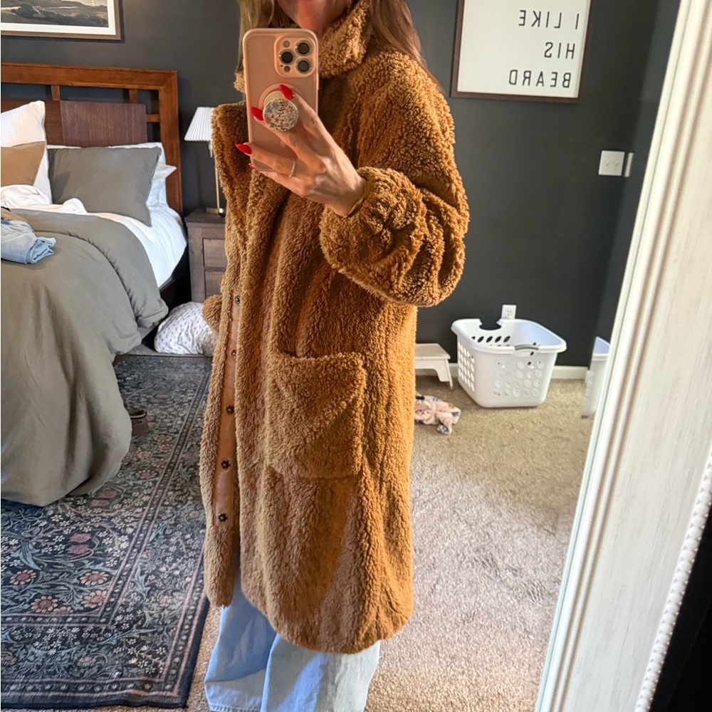 Free People Longline Teddy Coat in Camel Brown